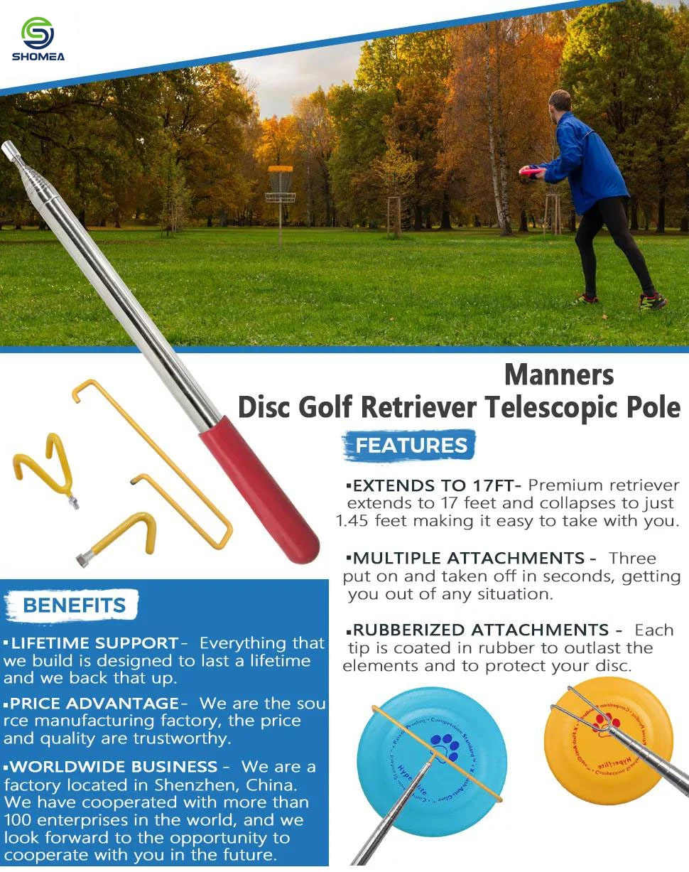 Custom Stainless Steel Extension Pole Disc Golf Retriever Telescopic Pole with Hook