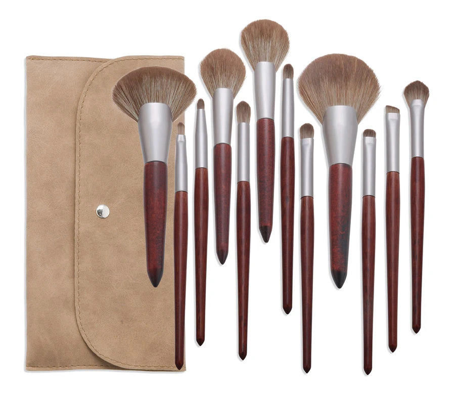 12PCS Set Wood Color ABS Plastic Handle Vegan High Quality Synthetic Hair Makeup Brush Beauty Tools