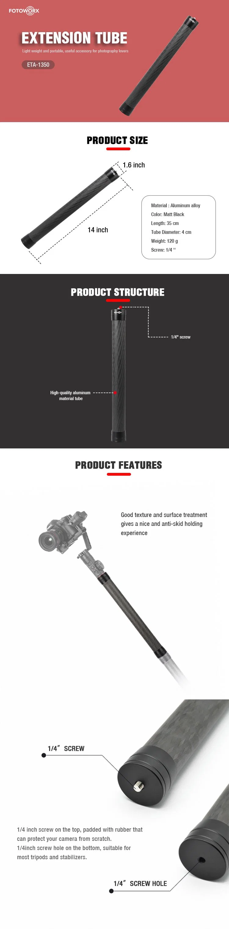 Aluminum Alloy Selfie Stick Universal Rod Gimbal Extension Pole