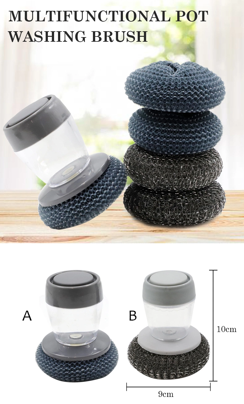 Hot Sale Round Soap PP Steel Scrubber Sponge Brush with Replacement Scourer for Dish Washing