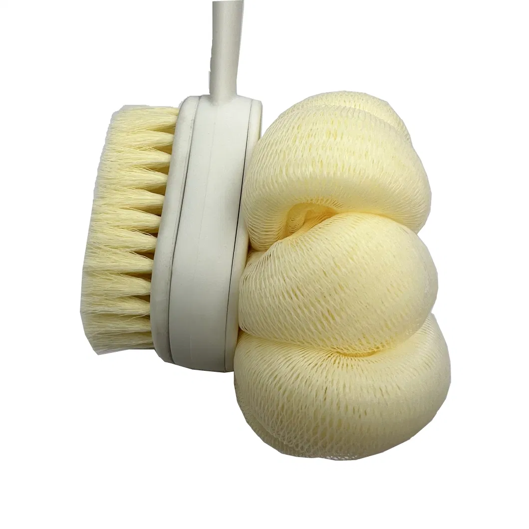 Free Sample 40g PE Mesh Sponge Ball Bath Brush with Long Handle