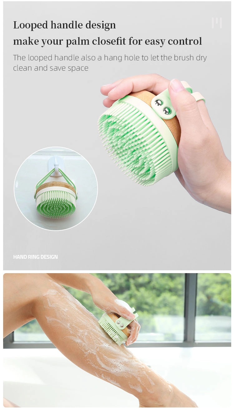 FDA BPA Free Soft Silicone Bristle Bamboo Exfoliating Body Scrubber Shower Back Bath Sponge Cleaning Brush