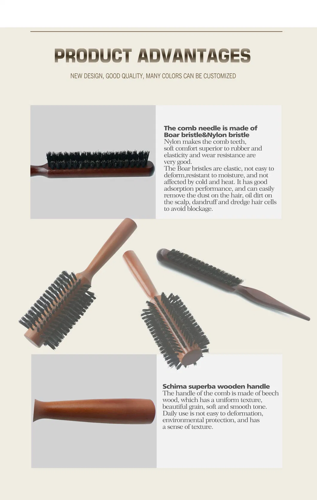 Professional Salon Wooden Round Small Size Rolling with Boar Bristle Straightener Hair Brush