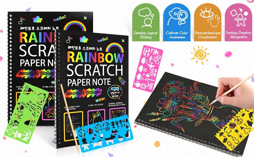 Creative Magic Color Paper Rainbow Sketch Scratch Art Painting Book for Kids Drawing Book Set Joyful Painting Toy