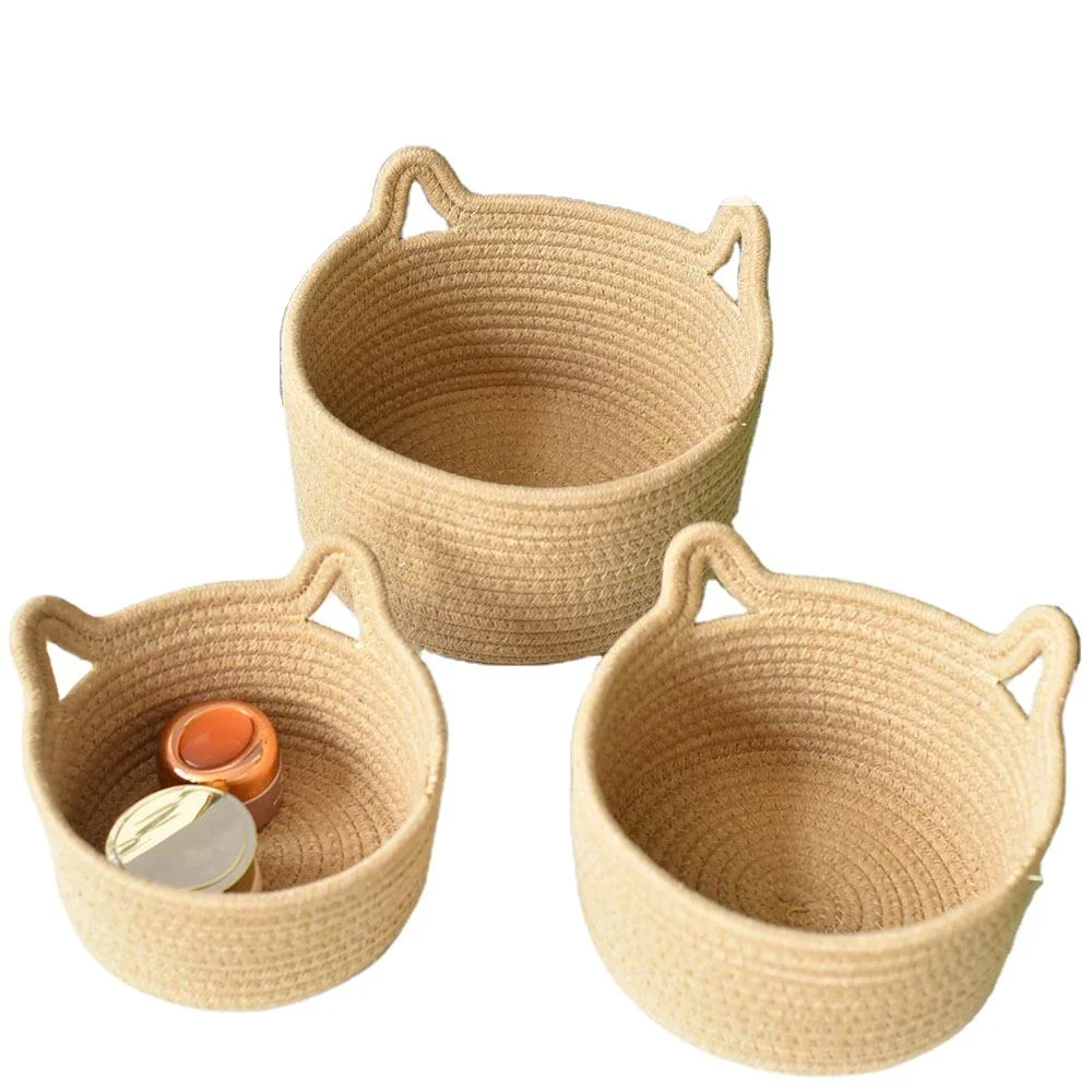 Cotton Thread Basket Woven Rattan Cat Ear Round