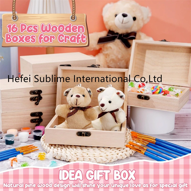 Unfinished Wooden Boxes with Paint Brushes Set for DIY Crafts, Handicrafts