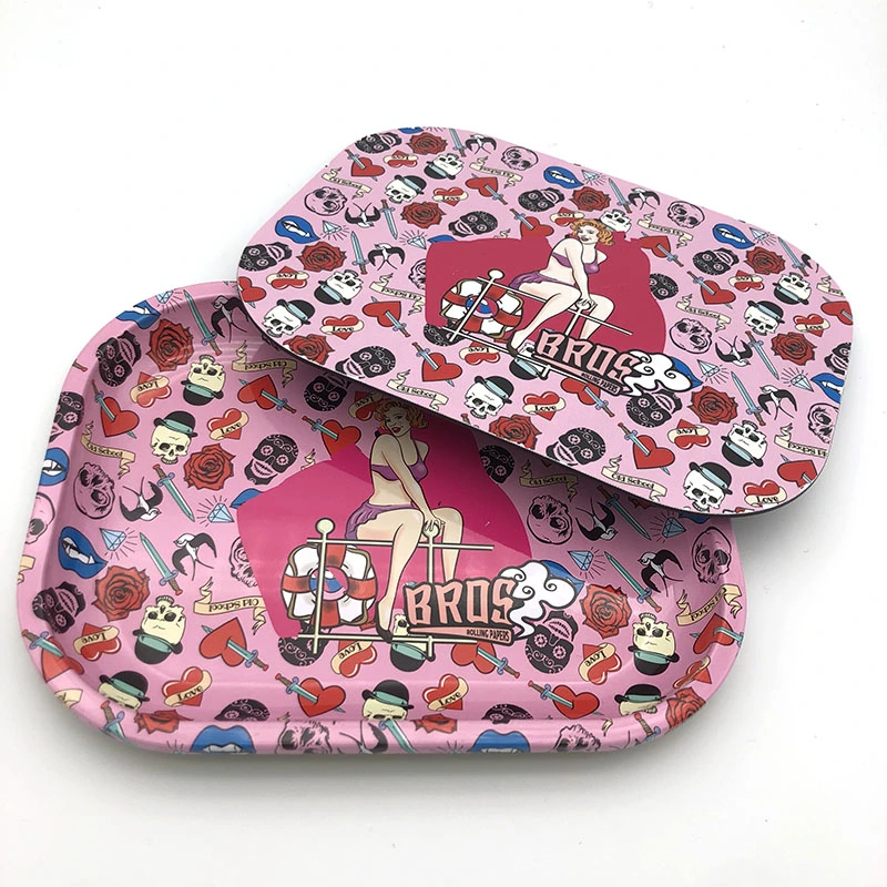 Bros Pink Metal Smoking Rolling Tray with Magnet Cover